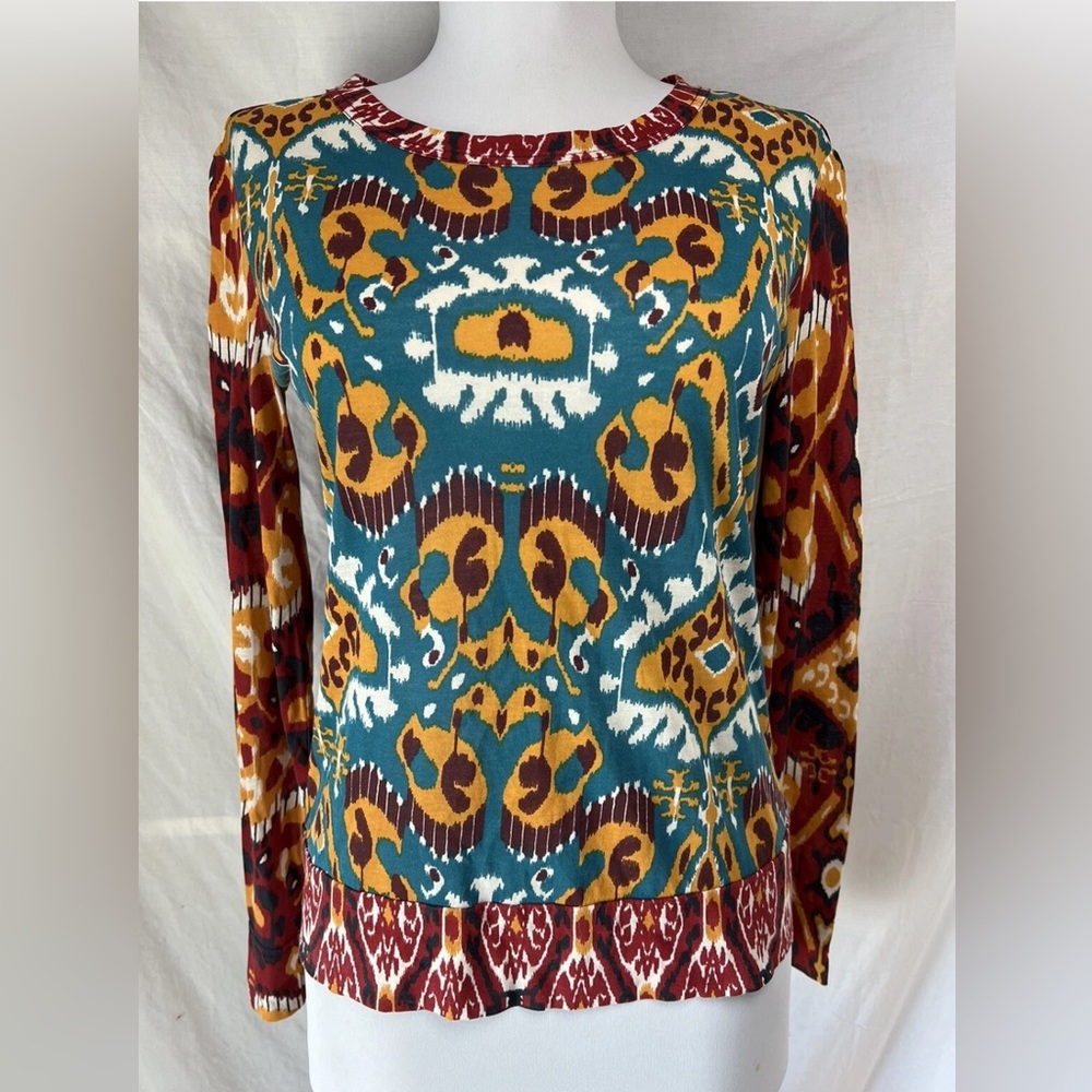 Tory Burch Sabrina Pima Cotton Blouse Top Sz XS Long Sleeve Colorful Ikat VEUC